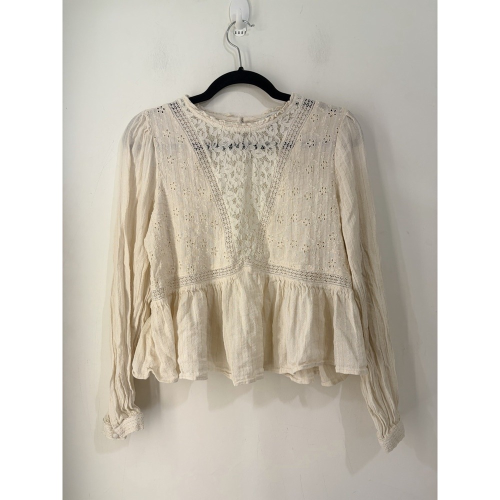 American Eagle Eyelet Lace Peplum Blouse Women's Large Cream Cottagecore Boho